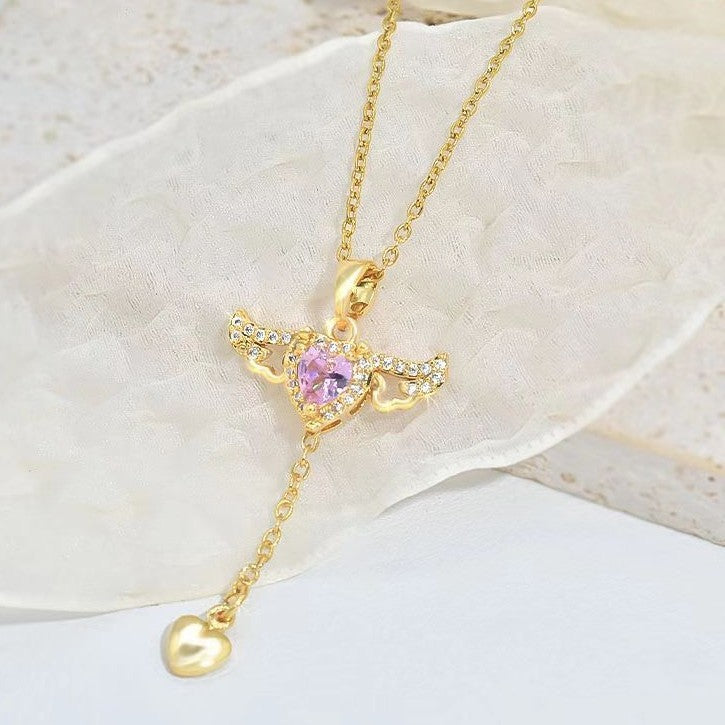 🩷👼 Moving Cupid’s Wings Necklace – Crystal Heart Tassel 🩷🪽
