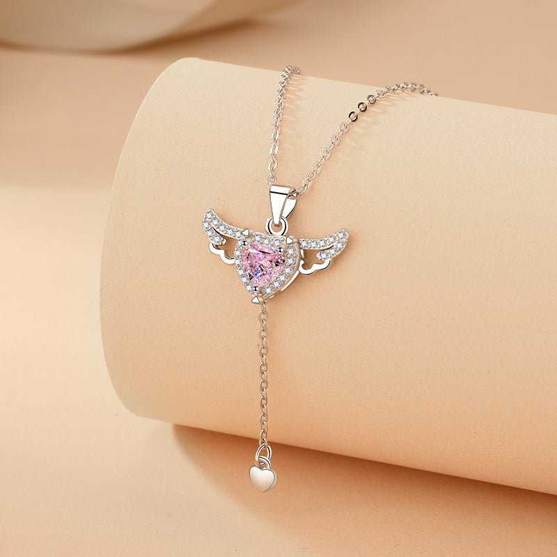 🩷👼 Moving Cupid’s Wings Necklace – Crystal Heart Tassel 🩷🪽