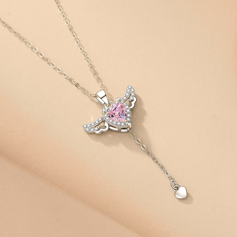 🩷👼 Moving Cupid’s Wings Necklace – Crystal Heart Tassel 🩷🪽